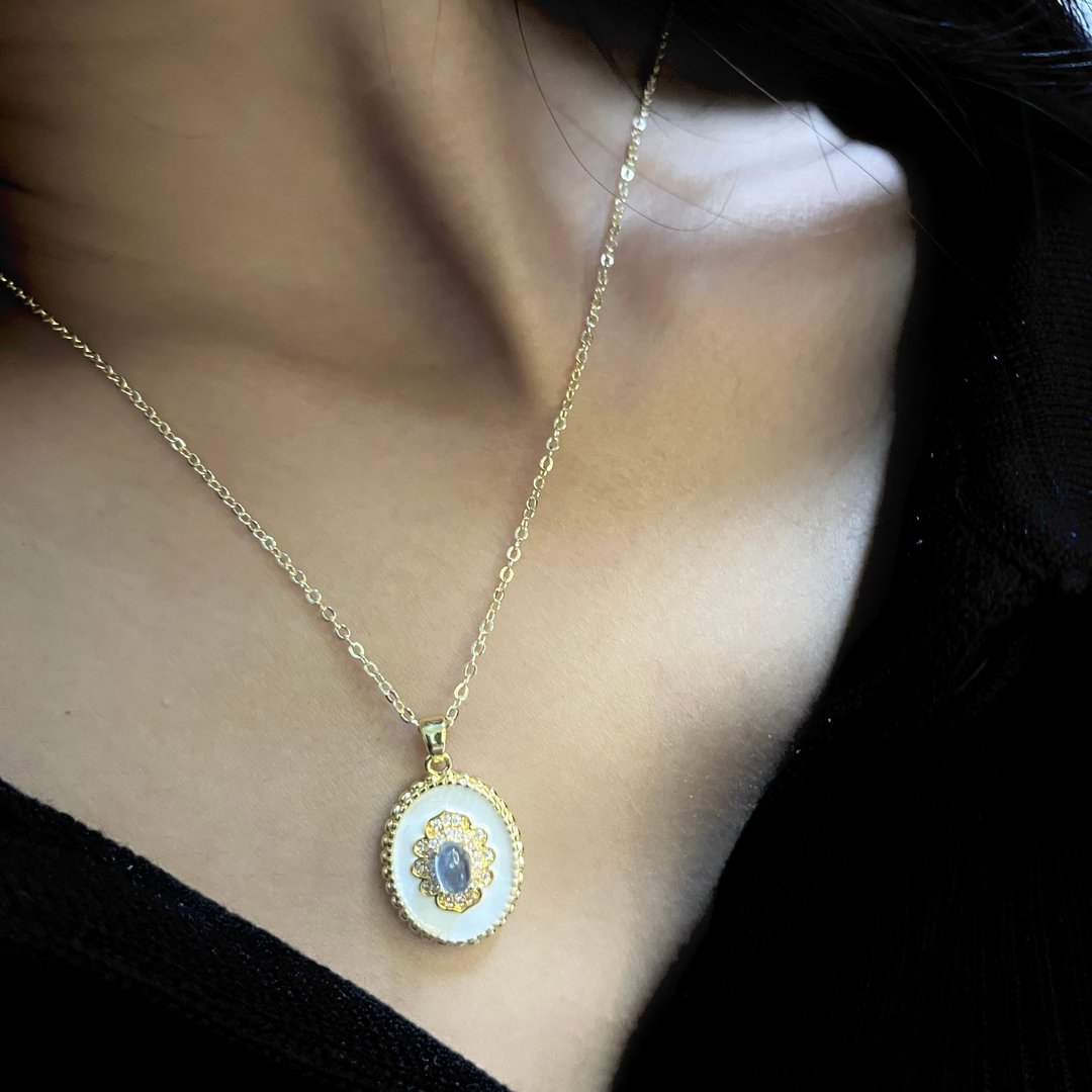 细致奶油蕾丝花 14k 复古 项链 珐琅 项链  小花 项链 海蓝宝项链 - 项链 - 珐琅 蓝色