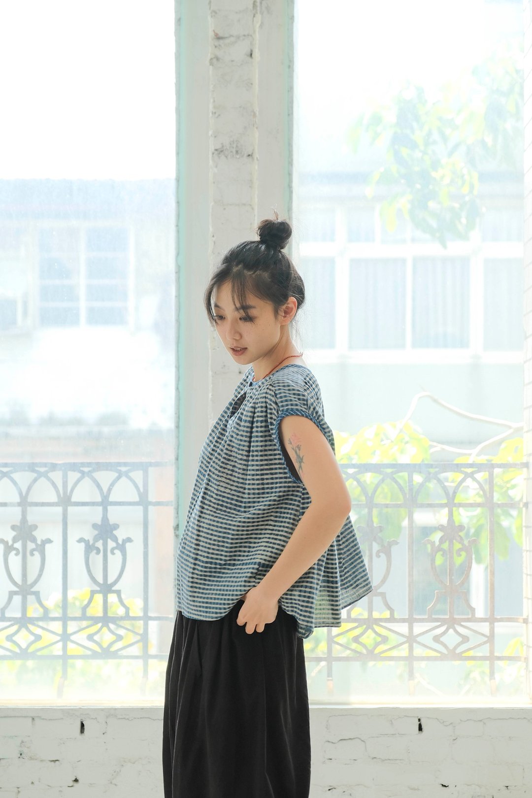 大圆点白格纹 B040 圆袖上衣 - 女装上衣 - 棉 