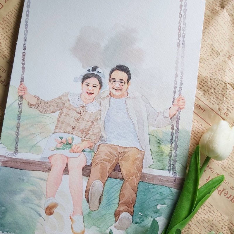 简单的婚礼水彩画 纸上情侣画，定制化画 - 订制画像 - 纸 白色
