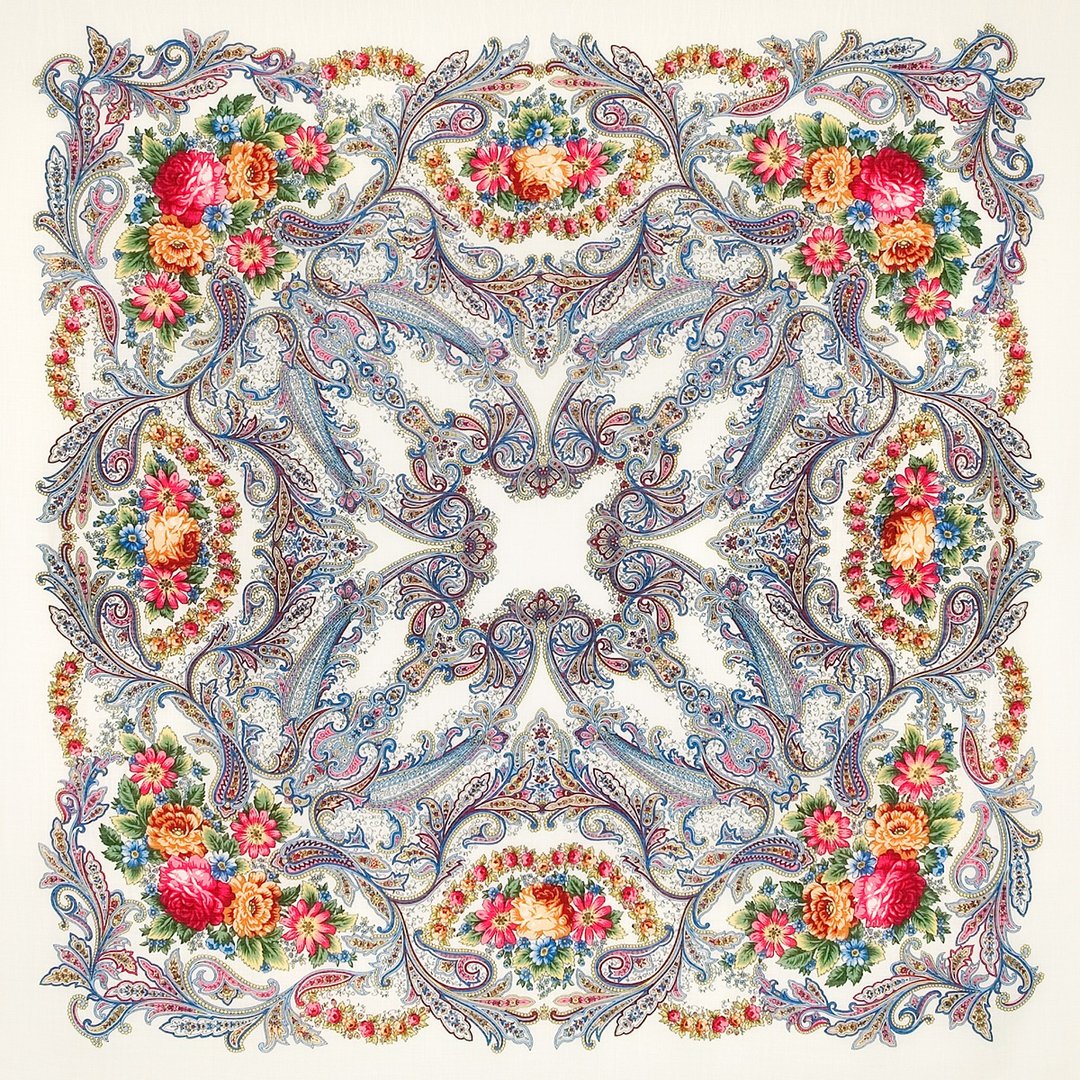 Pavlovo Posad俄罗斯披肩 100% 羊毛围巾 125x125 厘米 丝绸流苏披肩 1463-1 - 围巾/披肩 - 羊毛 白色