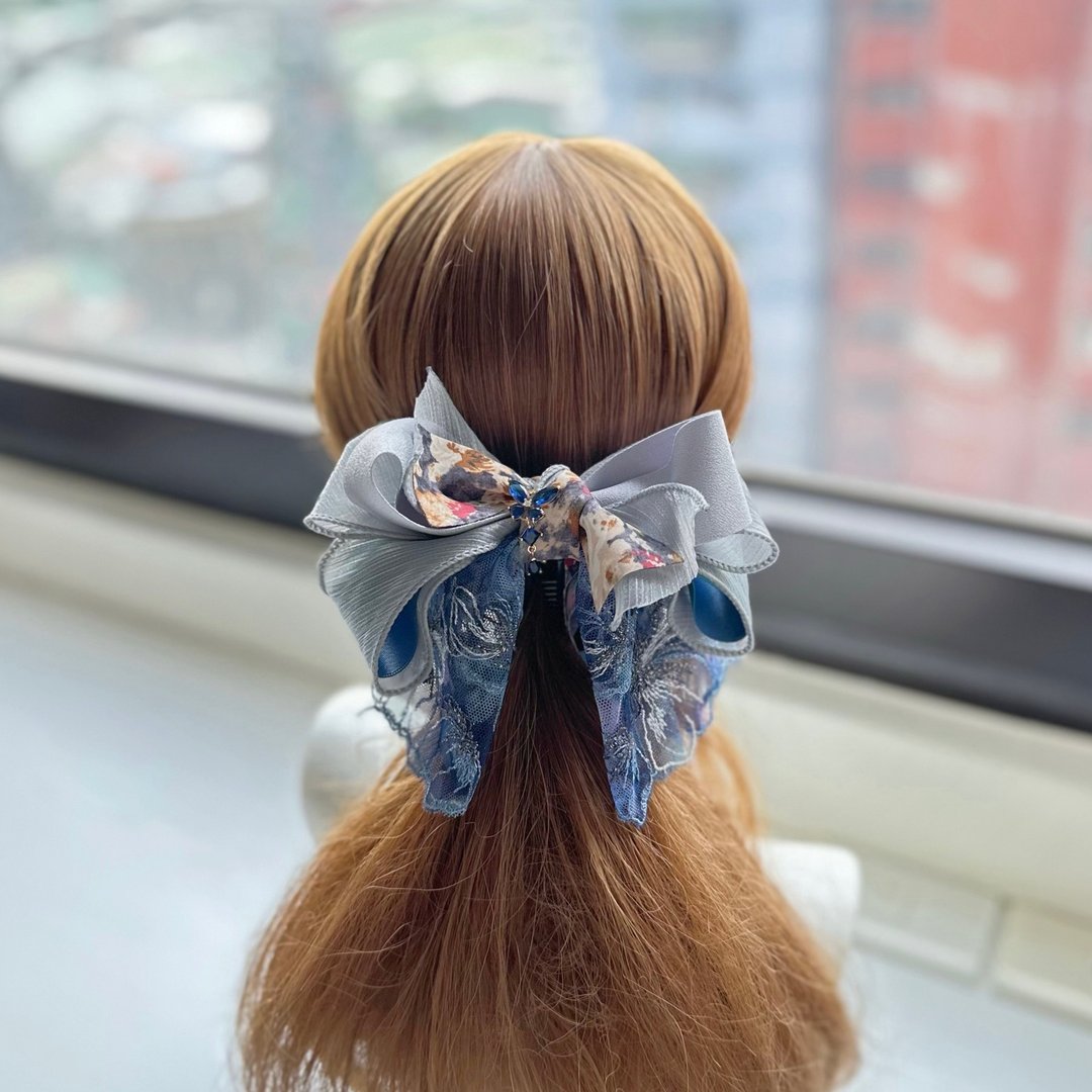 卷边纱蕾丝蝴蝶结相交夹香蕉夹仙女夹发夹-油彩蓝灰色 - 发饰 - 其他材质 灰色
