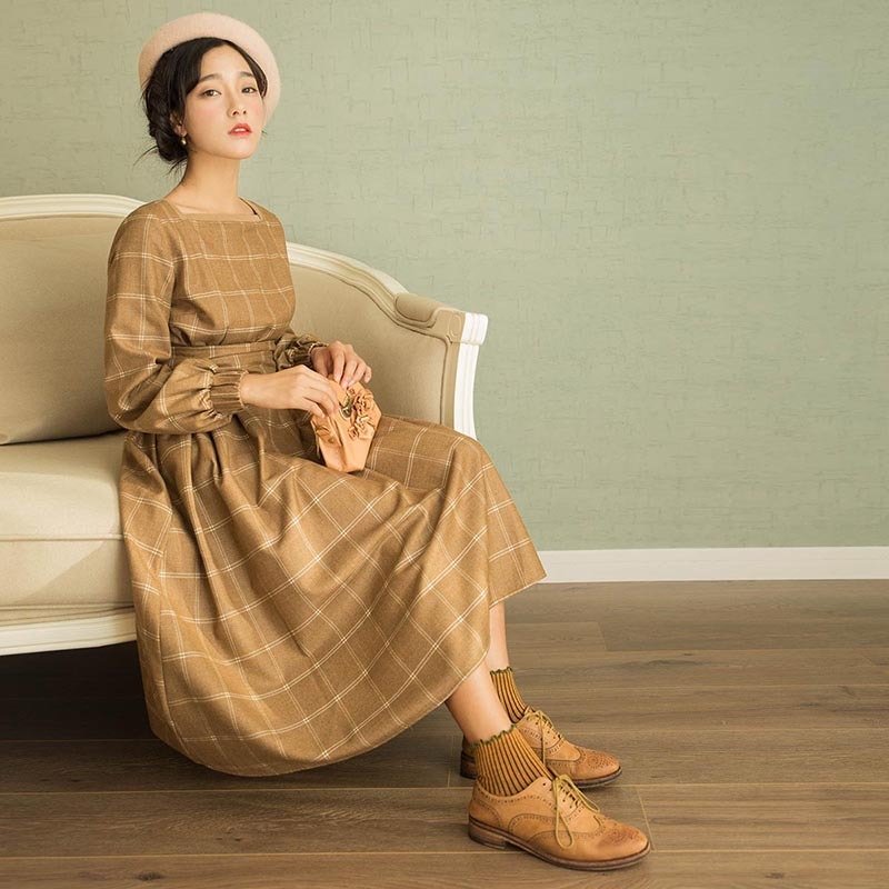 安妮陈2018春装新款女士收腰长款连身裙洋装 - 洋装/连衣裙 - 棉．麻 卡其色