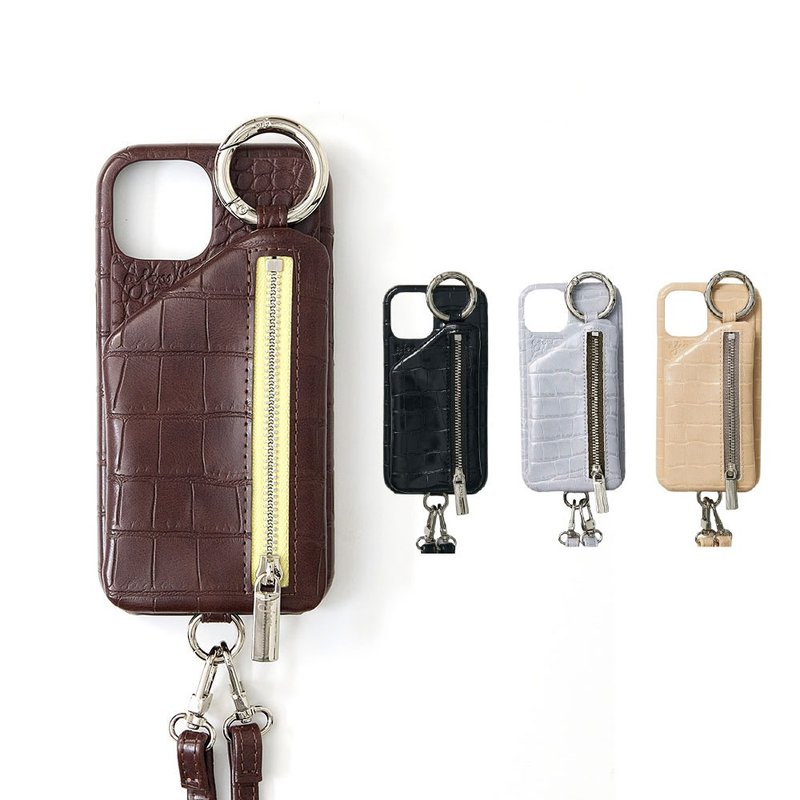 ajew croco 鳄鱼压纹拉链口袋手机壳(含背带) - 手机壳/手机套 - 人造皮革 咖啡色