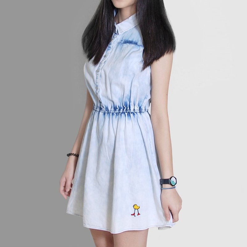 【限时免运】长脚红鞋小鸡逼逼／单宁雪花缩腰洋装 - 洋装/连衣裙 - 棉．麻 蓝色