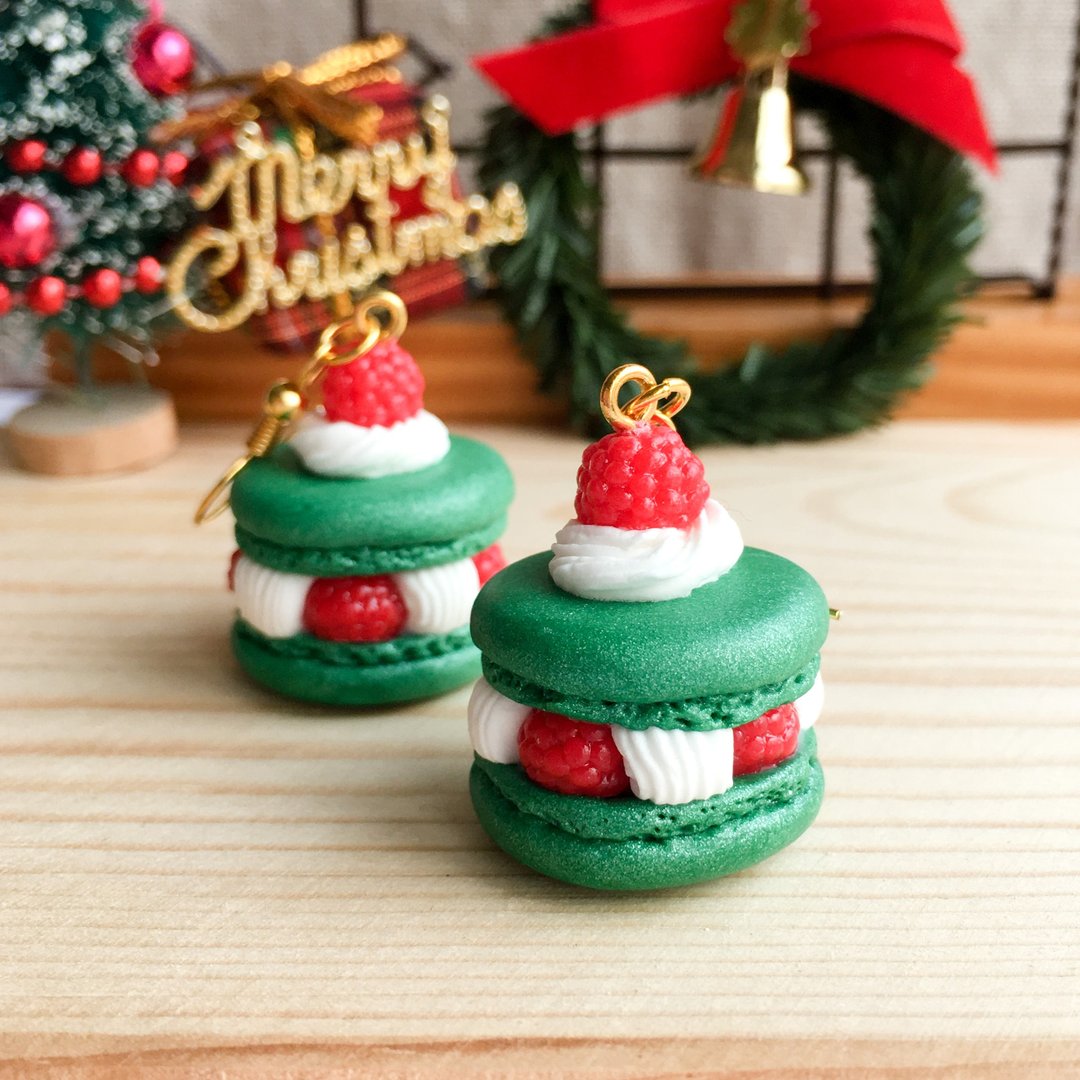 莓果马卡龙--圣诞(绿) 耳环 单支 甜点饰品 macaron 圣诞节 礼物 - 耳环/耳夹 - 粘土 绿色