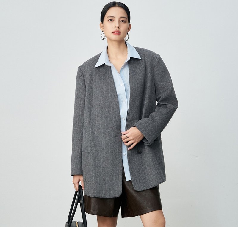 【羊绒格雷系】法式簡約/无领西装外套 - 女装西装外套/风衣 - 羊毛 灰色