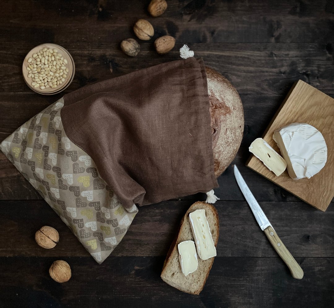Linen Reusable Drawstring Sourdough Bread Bag, Cottage Style, Gift for Mom - 调味罐/酱料瓶 - 棉 咖啡色
