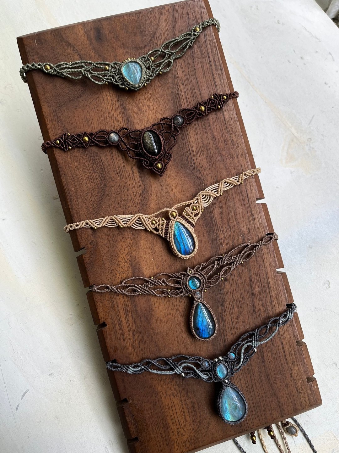 喜迎瑶 macrame 拉长石 金曜石 蜡线项链 项链 手工编织 颈链 - 项链 - 水晶 