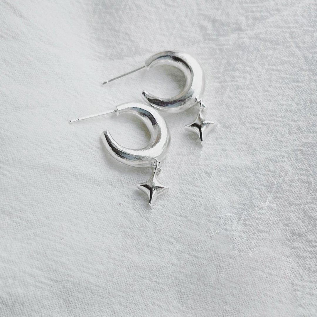 新月与星耳环 Crescent & Star earrings - 耳环/耳夹 - 其他金属 银色