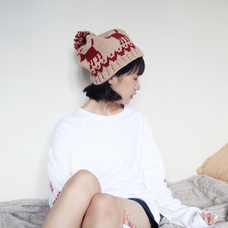 RedCheeks Wool Hat Cap | Yarn Hat | Reindeer Christmas - Red/Cream Brown Color - 帽子 - 其他材质 多色