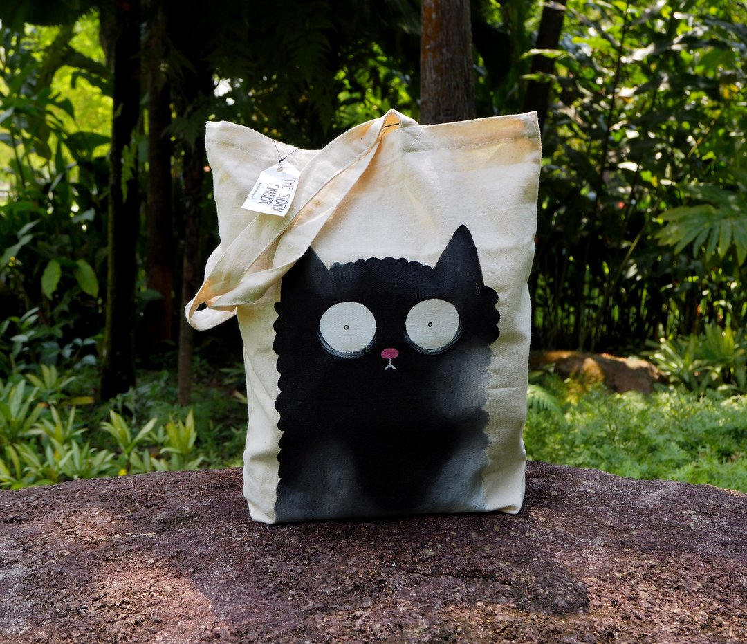 Smokey Black Cat Canvas Totebag - 手提包/手提袋 - 棉 黑色