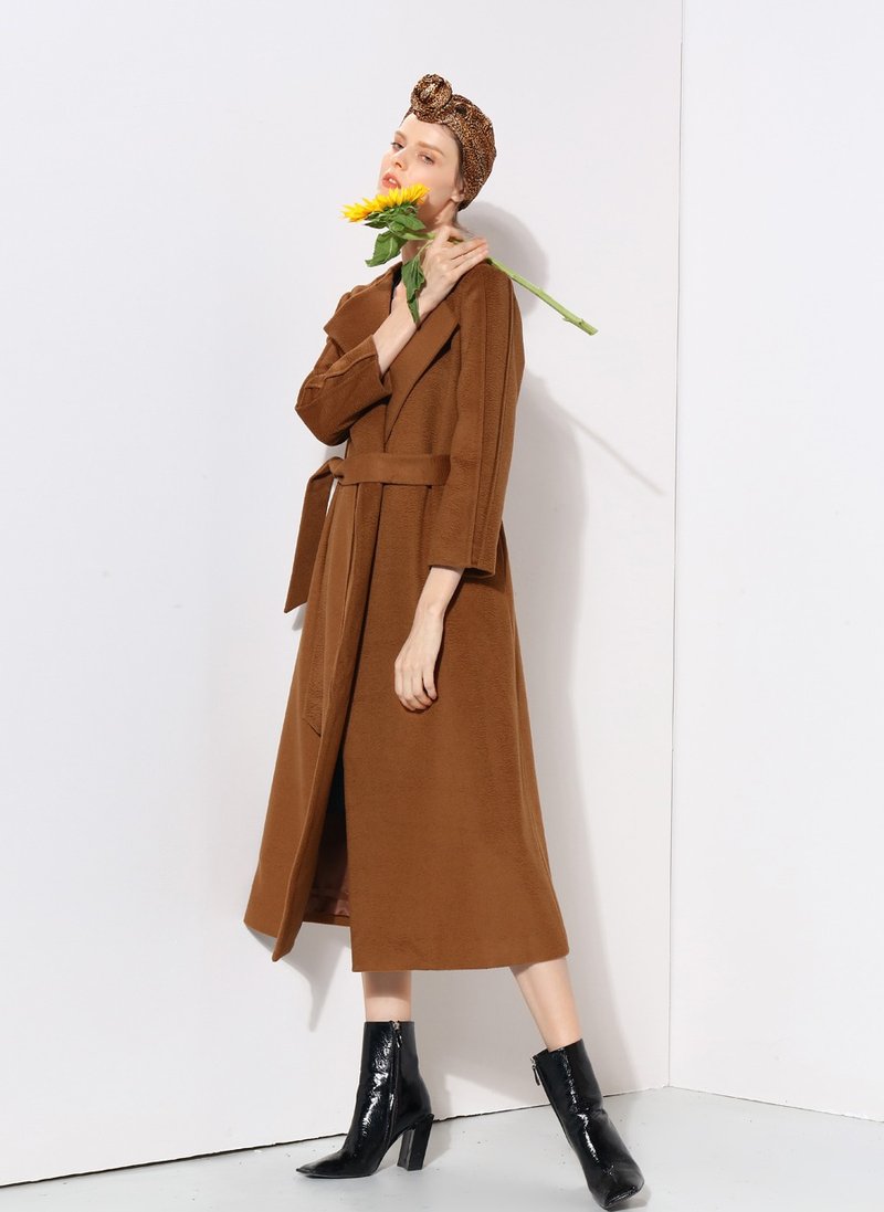 【品祥云纱】冬季新款单面850克重水波纹山羊绒大衣 听风 - 女装休闲/机能外套 - 羊毛 咖啡色