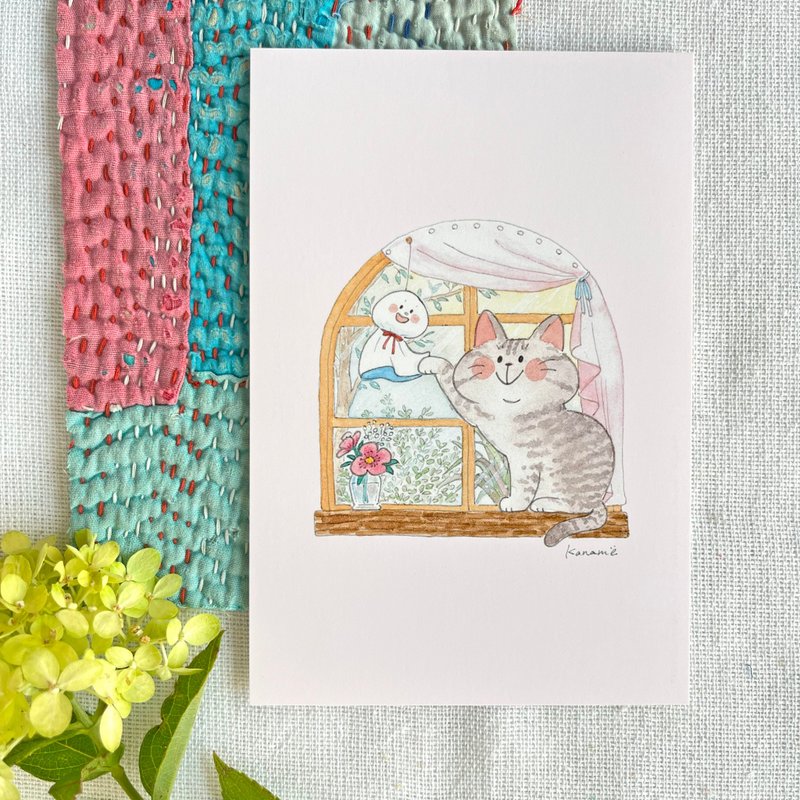 明信片 - Teru Teru Bouzu 和猫 - 卡片/明信片 - 纸 粉红色