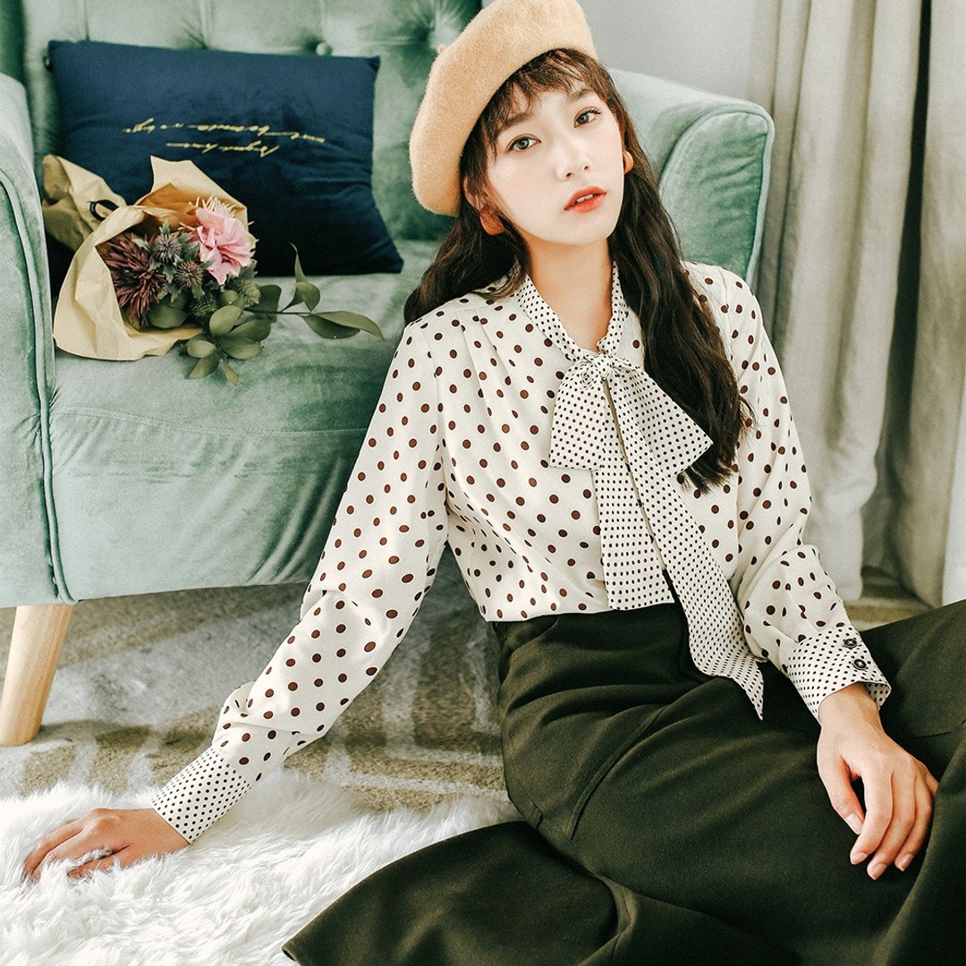2018秋装女士新品大小波点飘带上衣衬衫 - 女装衬衫 - 聚酯纤维 金色
