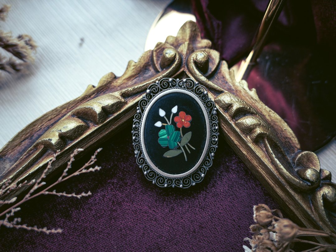 意大利 百年花草石材马赛克胸针－欧洲古董首饰 Vintage Jewelry - 胸针 - 纯银 