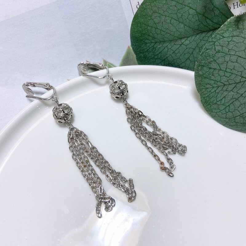 【西洋古董饰品】雅致典雅飘荡流苏垂坠 新艺术银耳环 耳夹 - 耳环/耳夹 - 贵金属 银色