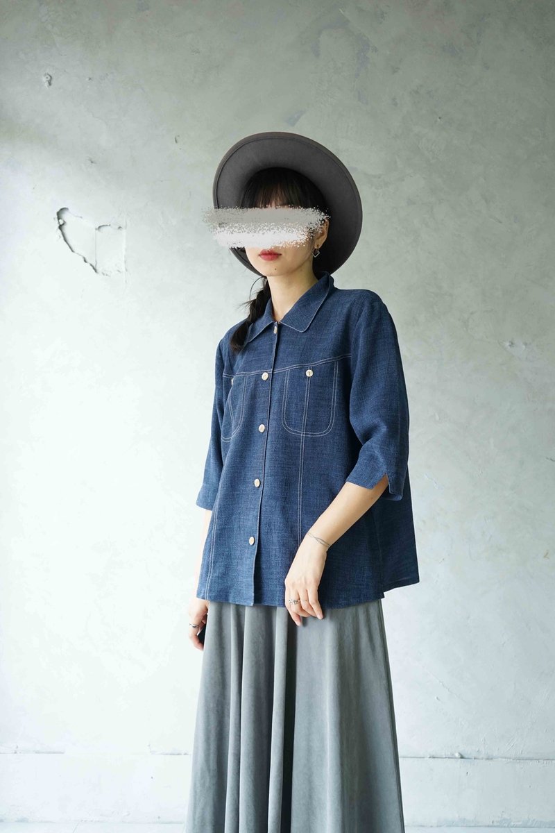 寻宝古着-牛仔蓝白明线七分袖衬衫 - 女装衬衫 - 聚酯纤维 蓝色