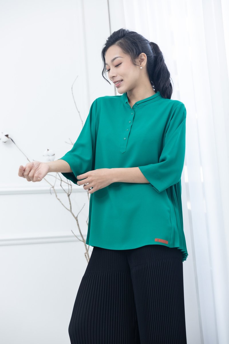 素面侧边折子半开襟上衣 绿色 - 女装上衣 - 其他材质 绿色