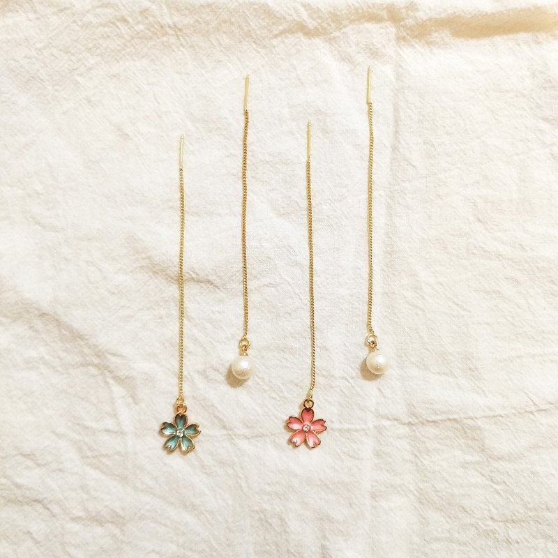 ::仙境花园系列:: 樱花 皱纹仿珍珠 不对称耳环 穿线耳环 - 耳环/耳夹 - 其他材质 