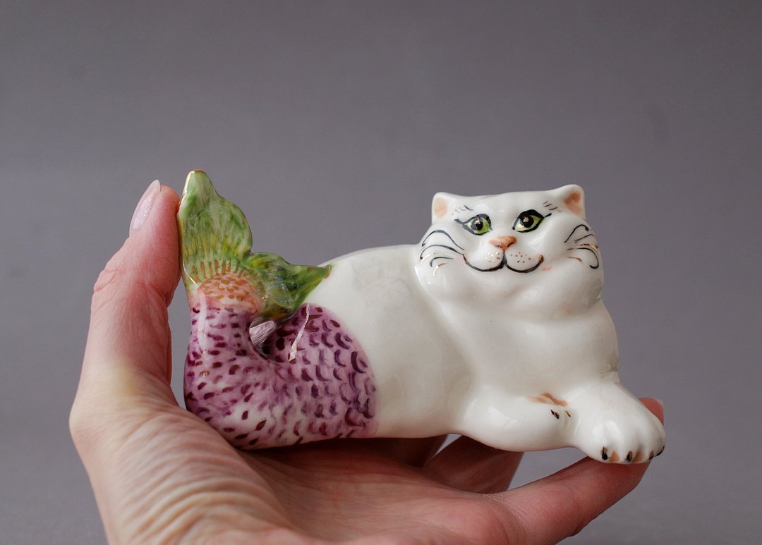 Cat mermaid Porcelain figurine Purrmaid smiling British cat Funny Cute Animal - 摆饰 - 瓷 多色