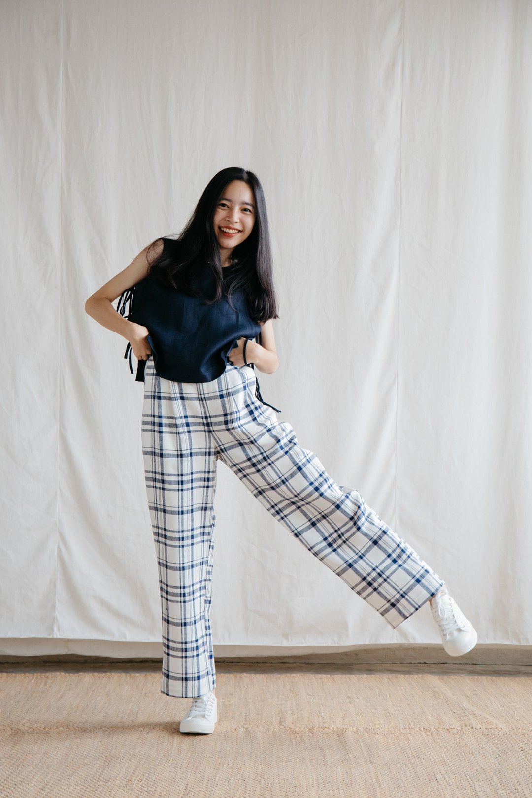  Relax Linen Trousers in Tartan - 女装长裤 - 棉 蓝色