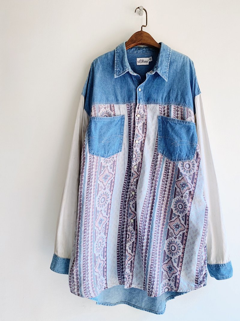 浅蓝米黄图腾拼布手札 古着翻领棉质牛仔衬衫上衣 vintage Shirt - 男装衬衫 - 棉．麻 蓝色