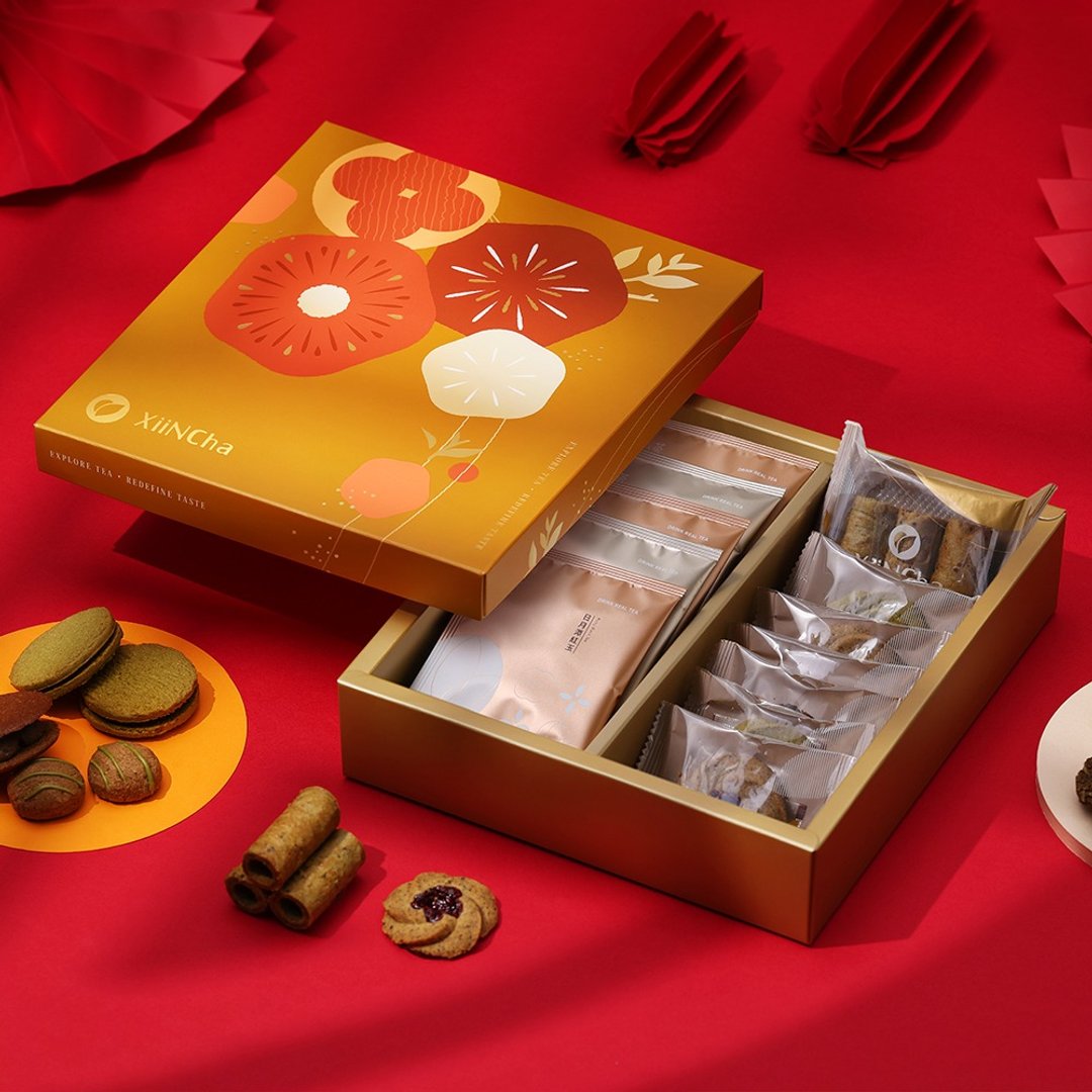 新年礼盒 | 烫金礼盒 茶点╳茶包12入 包种乌龙蛋卷&阿萨姆曲奇 - 手工饼干 - 新鲜食材 多色