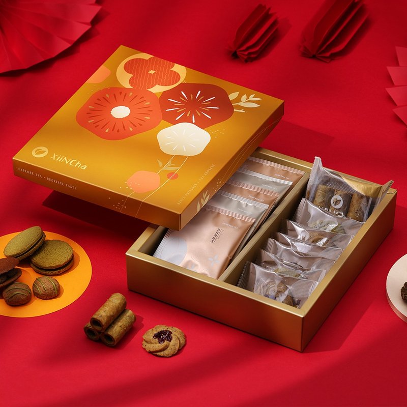 新年礼盒 | 烫金礼盒 茶点╳茶包12入 包种乌龙蛋卷&阿萨姆曲奇 - 手工饼干 - 新鲜食材 多色
