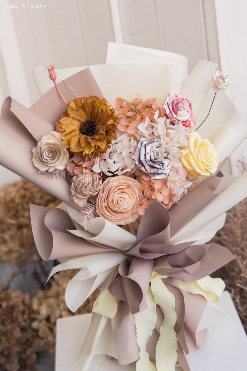 钞票花束/奶茶花束/有钱花/钱花束/生日花束/生日礼物/永生花花束 - 干燥花/捧花 - 植物．花 卡其色