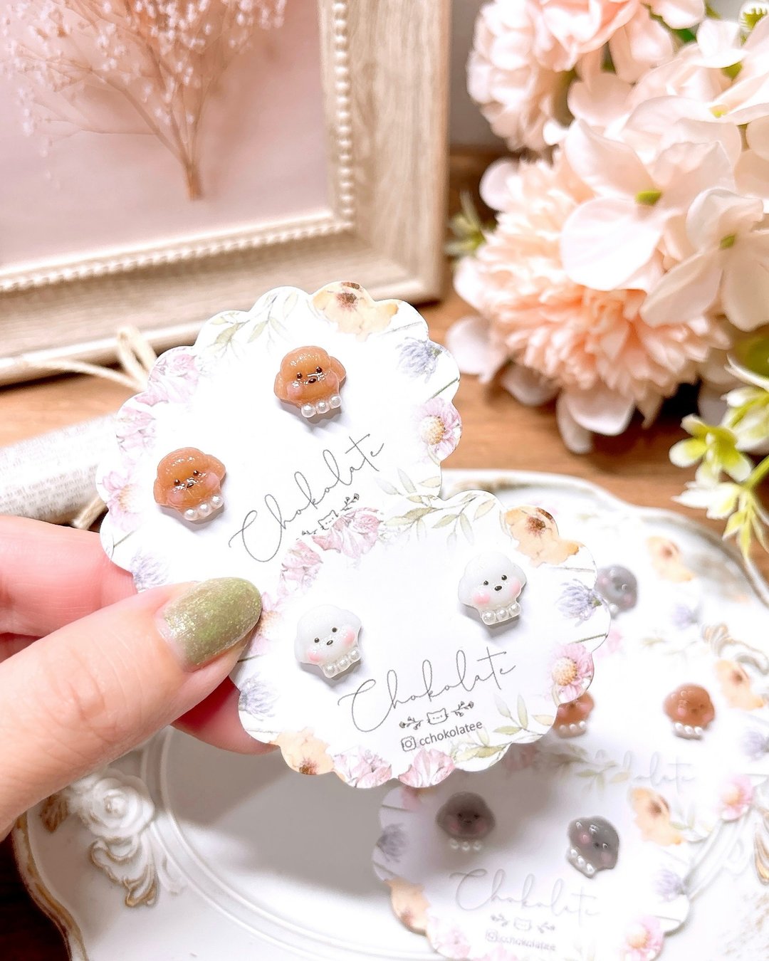 迷你狗狗耳环 比熊 贵妇狗 poodle 耳夹 S925 纯银耳针 - 耳环/耳夹 - 树脂 多色