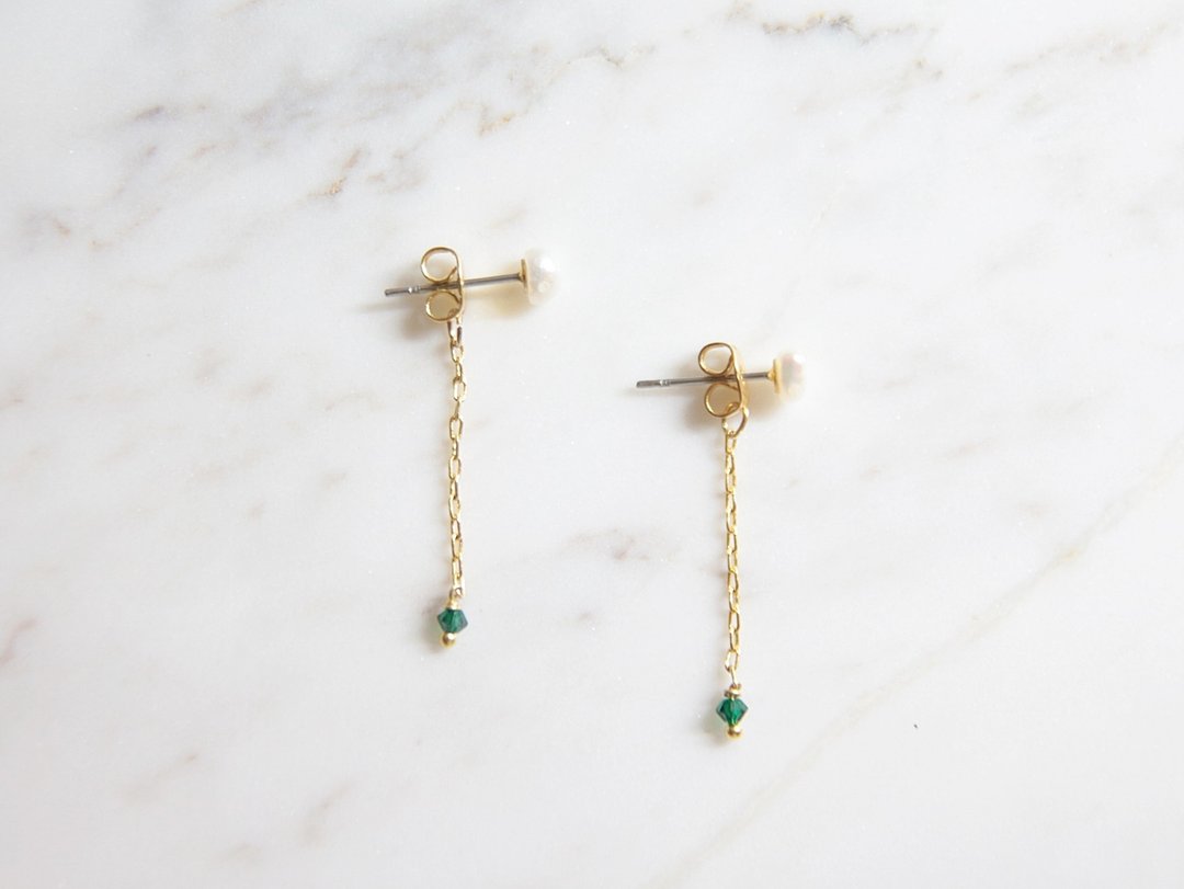 〔蛾室〕四月新品／珍珠，绿水晶，长链耳环 - 耳环/耳夹 - 宝石 绿色