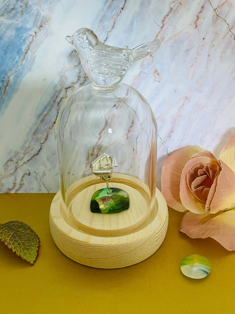 999纯银玫瑰 美女与野兽 永生花 手工银饰 礼物 摆件 玻璃罩 - 摆饰 - 纯银 银色