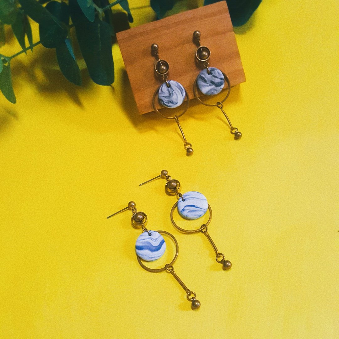 是妳的海系列 - 几何形构 双圆 大理石纹 耳环 ( 耳针/耳夹 ) - 耳环/耳夹 - 铜/黄铜 蓝色