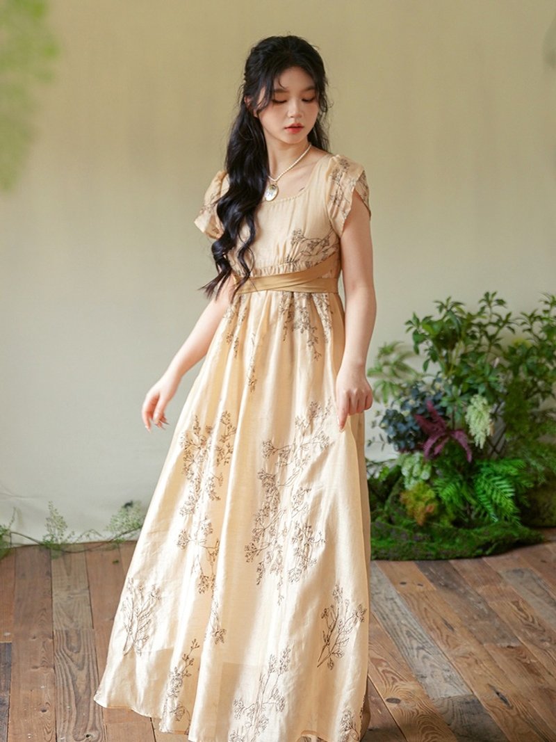 安妮心事 法式宫廷风天丝连身裙 帝政长裙 - 洋装/连衣裙 - 其他材质 卡其色