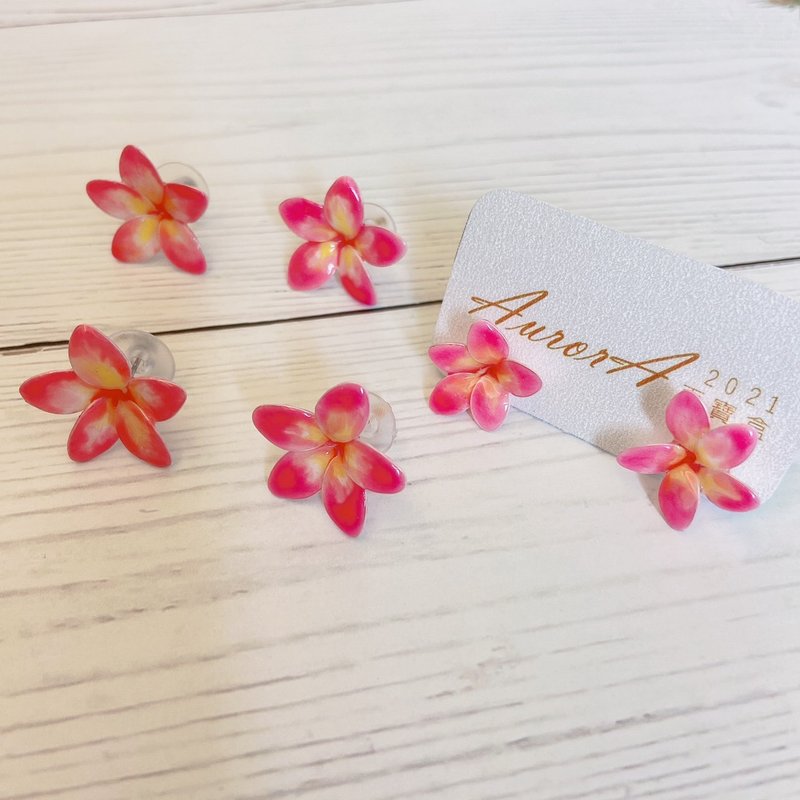 【AurorA百宝盒】A043─粉红鸡蛋花─大-耳针(夹) - 耳环/耳夹 - 树脂 