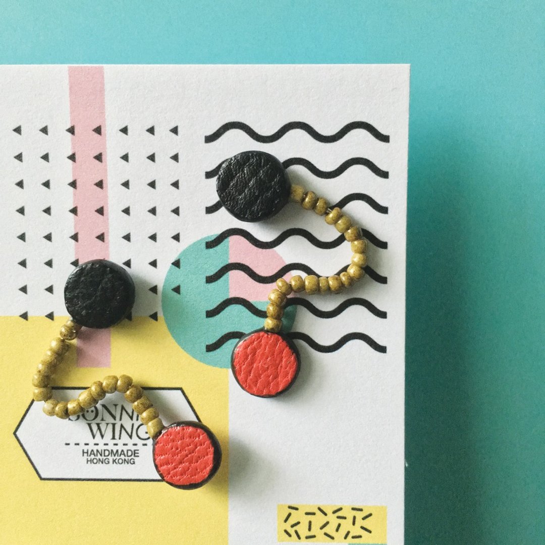 节日礼物 圆点配色皮革耳环 纯银耳针 - 耳环/耳夹 - 真皮 红色