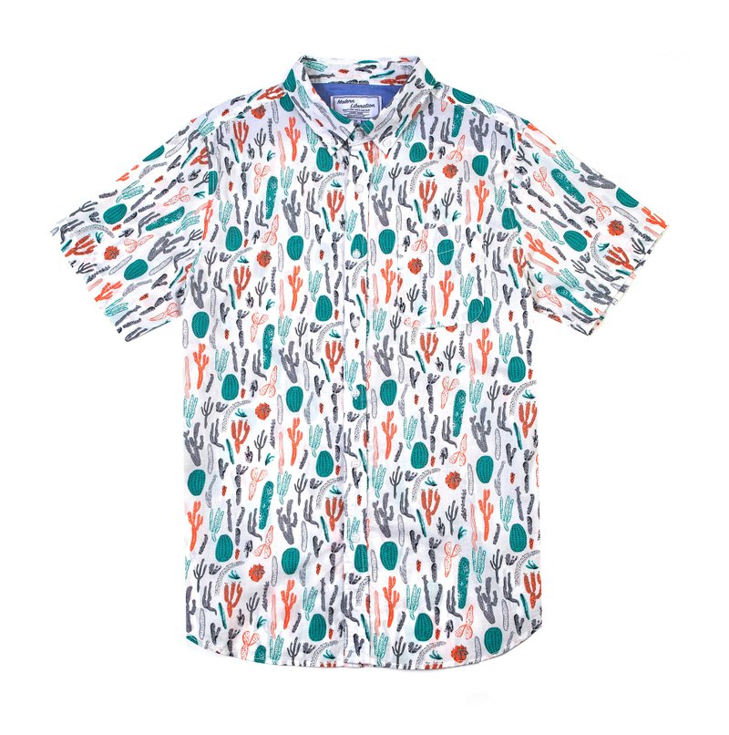 Cactus Print Shirt 仙人掌印花衬衫 - 白色 - 男装衬衫 - 棉．麻 白色
