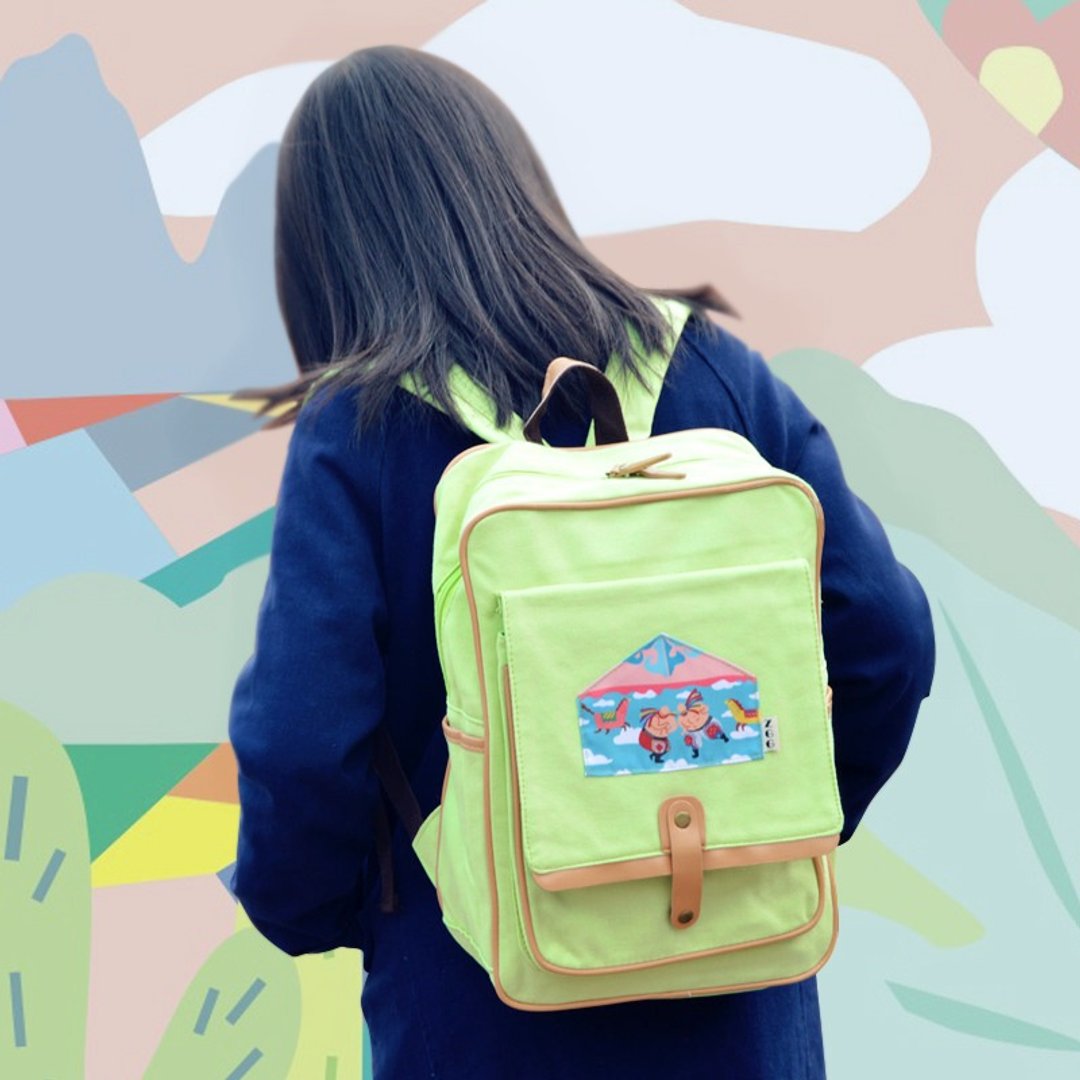 纯棉帆布后背包 原创图案印花双肩包 休闲旅行电脑背包  #夏季特惠# - 后背包/双肩包 - 棉 绿色