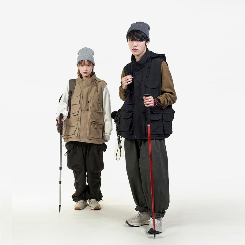 M.T. 日系outdoor机能工装多口袋连帽背心马甲 - 男装背心 - 聚酯纤维 黑色