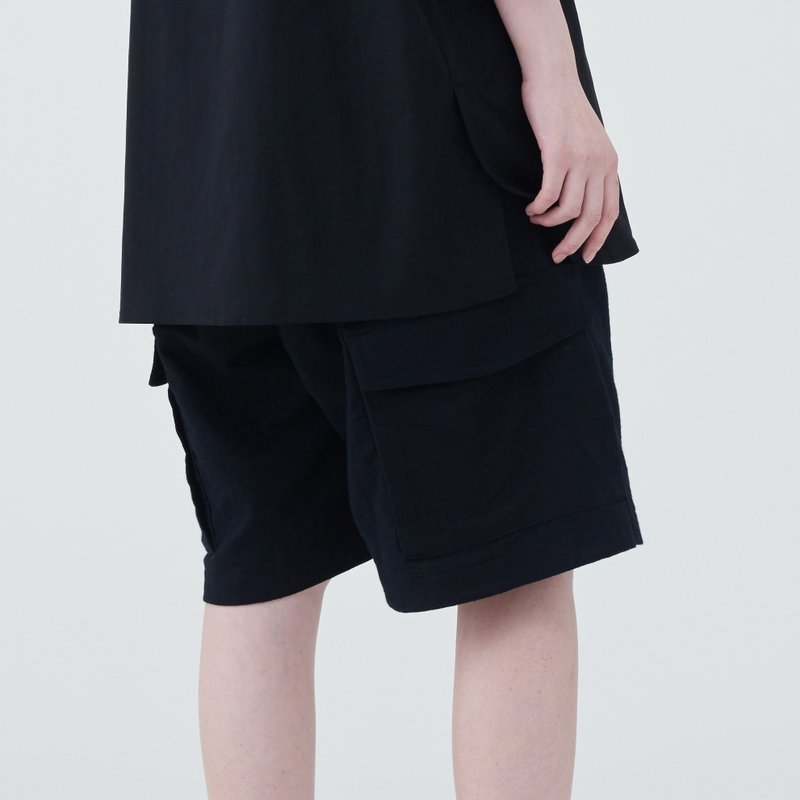 TRAN - 后口袋短裤 - 女装长裤 - 棉．麻 黑色