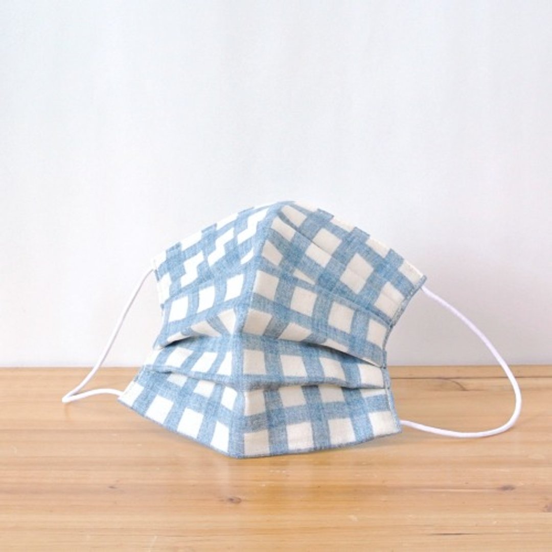 [For Men] 可洗涤、舒适且男士用的手工立体口罩 Gingham Navy 绅士款 中性款 | TEMARIYA - 口罩 - 棉 蓝色