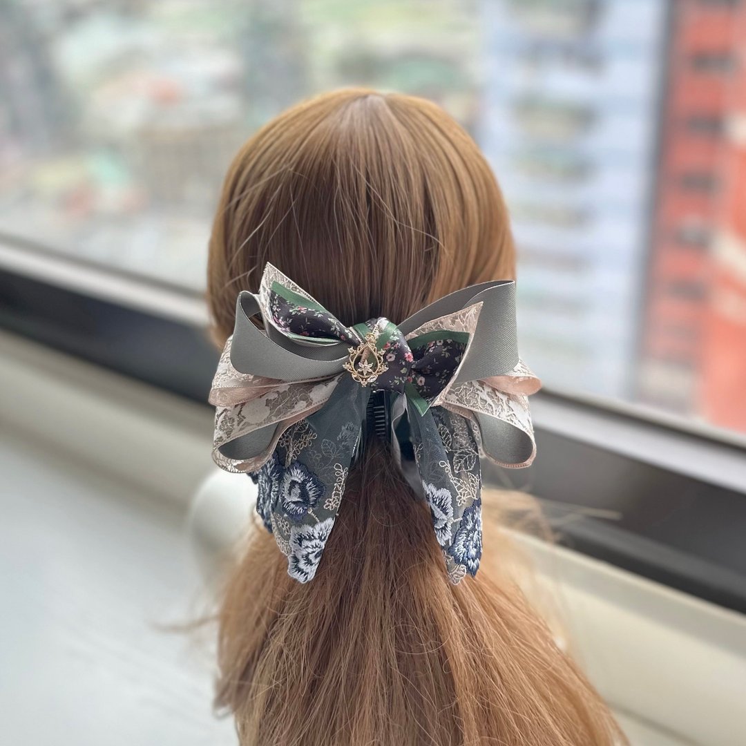 卷边纱蕾丝蝴蝶结相交夹香蕉夹仙女夹发夹-黑绿色 - 发饰 - 其他材质 绿色