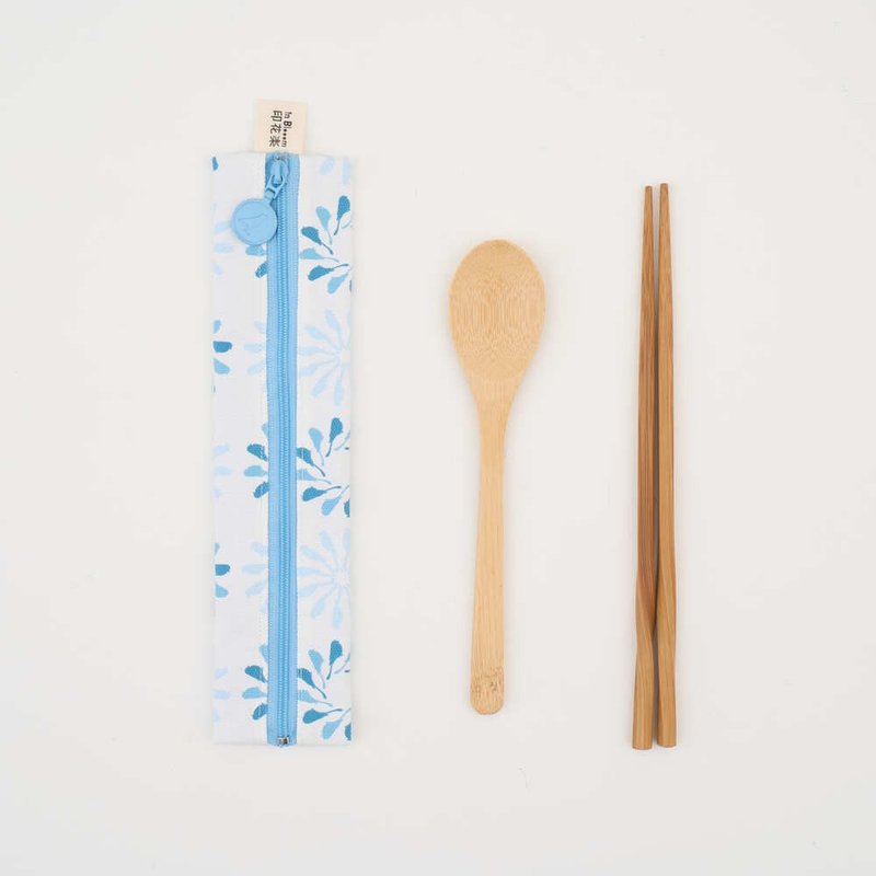 拉链餐具袋(含餐具)/乌秋圈圈/晴空蓝/鸟语花窗 - 餐刀/叉/匙组合 - 棉．麻 蓝色