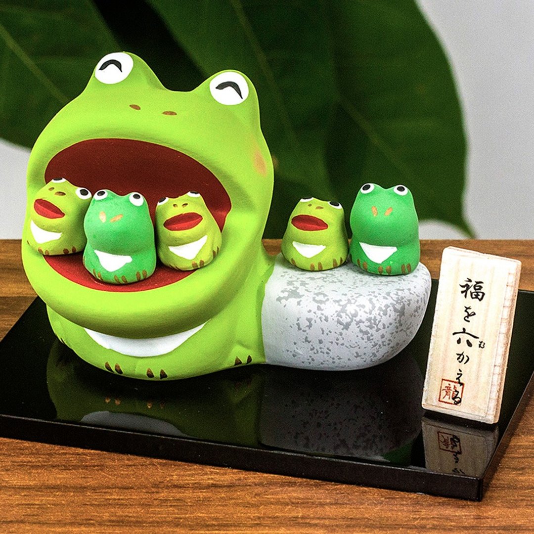 日本龙虎作幸福大嘴福六蛙 开运平安亲子蛙 素陶创意摆件生日礼物 - 摆饰 - 陶 