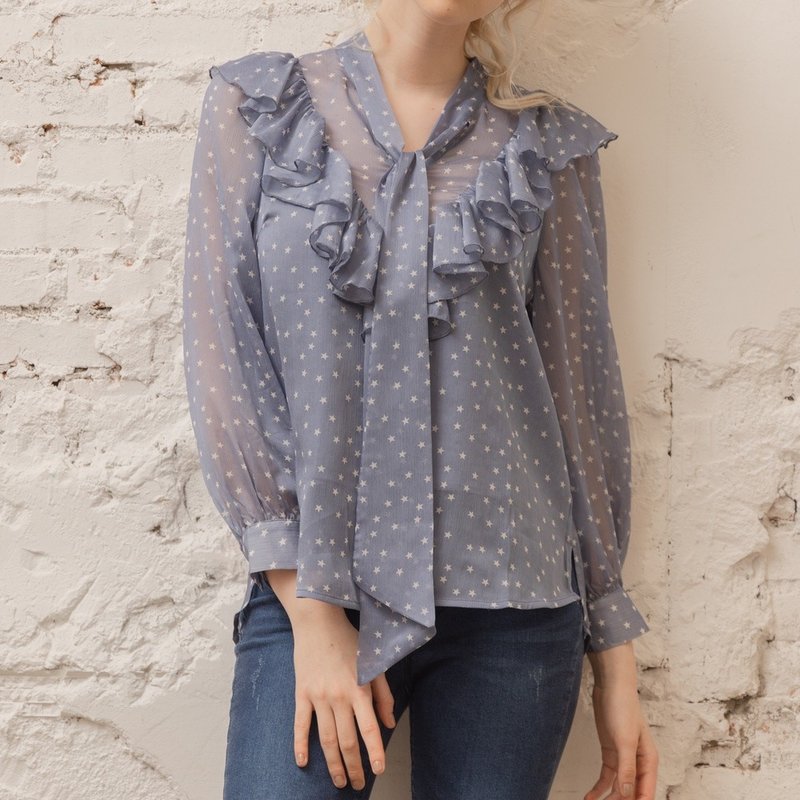 满天星星小花边衬衫上衣    蓝 - 女装上衣 - 聚酯纤维 蓝色