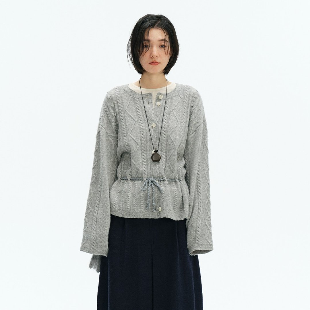 腰绳绞花针织开衫|针织衫|两色|冬款|Sora-1928 - 女装针织衫/毛衣 - 羊毛 多色