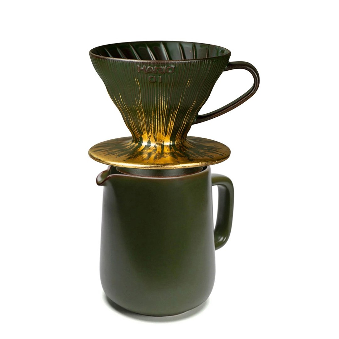 【HARIO】V60怀汝流苏01金滤杯+蓝媚茶高山下壶 - 咖啡壶/周边 - 陶 绿色
