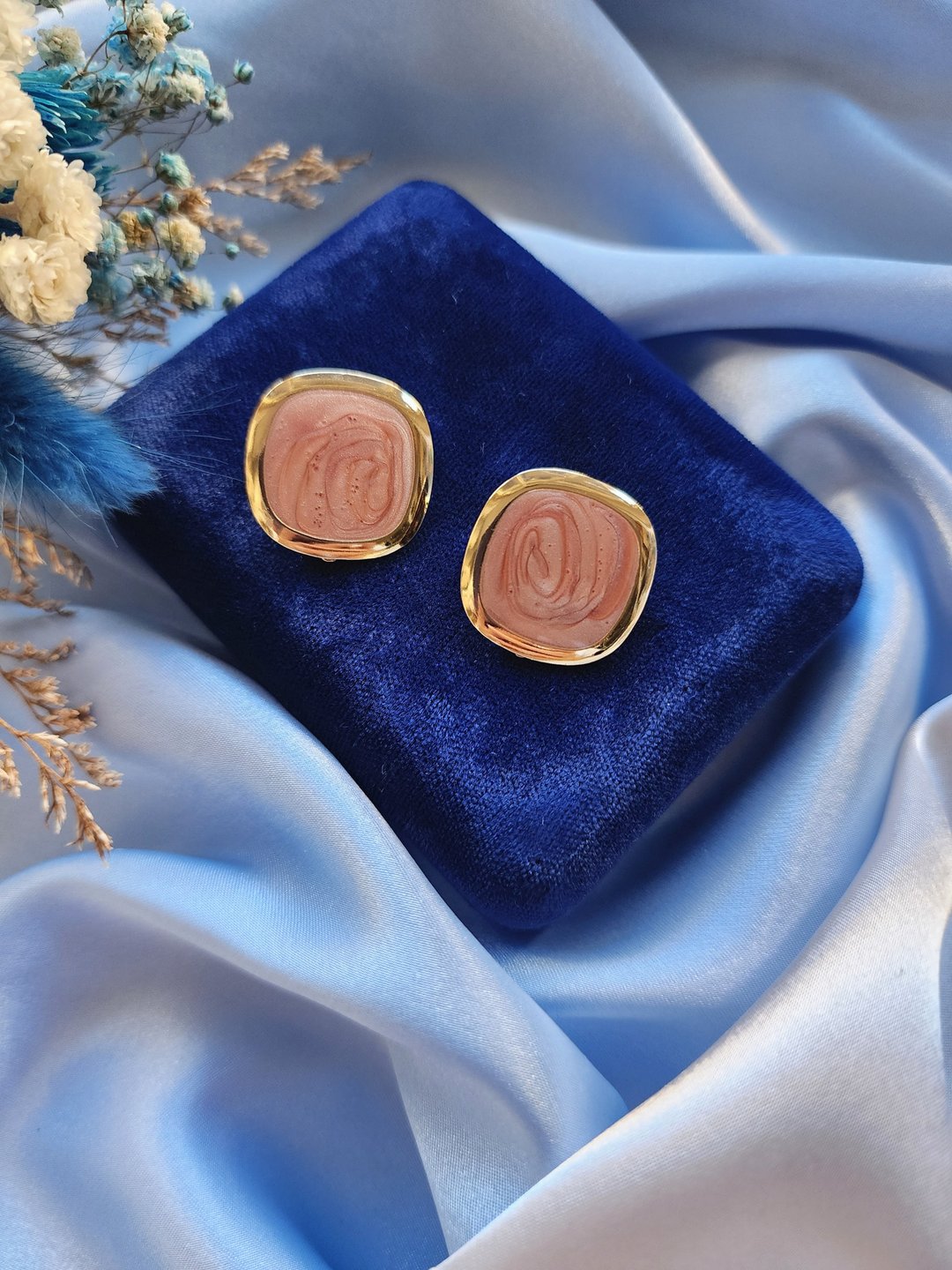 美国西洋古董饰品/ 干燥玫瑰混色珐琅摩登夹式耳环/古着首饰 - 耳环/耳夹 - 其他金属 