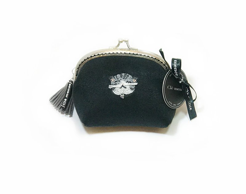 睡睡猫咪缝珠手工限量拱型口金包（此款含链子） - 零钱包 - 聚酯纤维 黑色