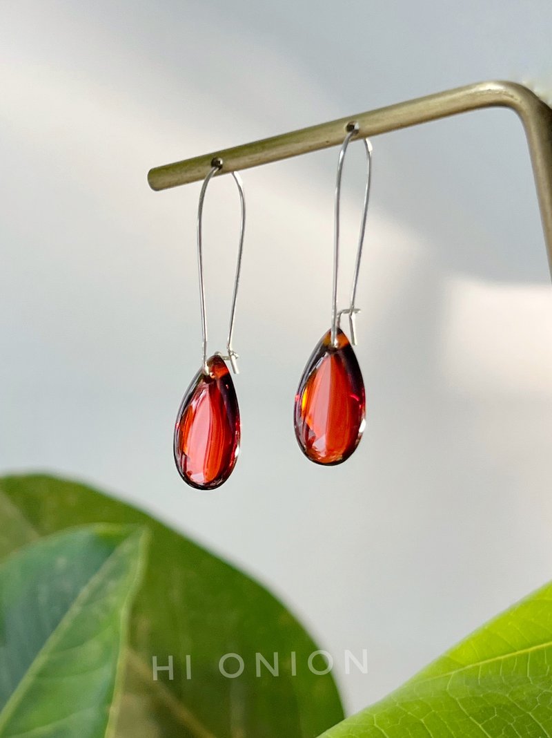 Hi Onion原创小众设计复古石榴红水滴耳环S925银耳钩耳夹个性高级 - 耳环/耳夹 - 其他材质 